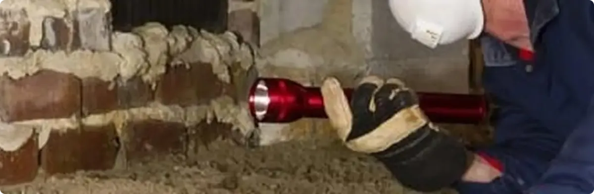 Pest control technician inspecting a crawl space for ant activity in Riverside, CT