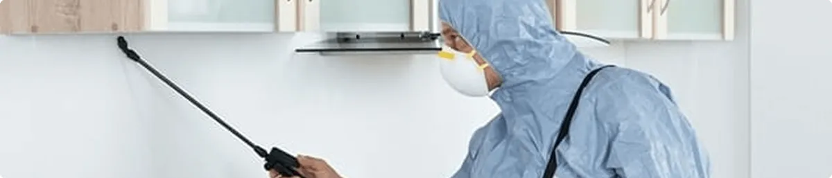 Pest control technician spraying along baseboards for indoor pest treatment in Stamford, CT