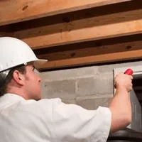 Termite inspection technician checking a basement wall and framing for termite activity in Stamford, CT
